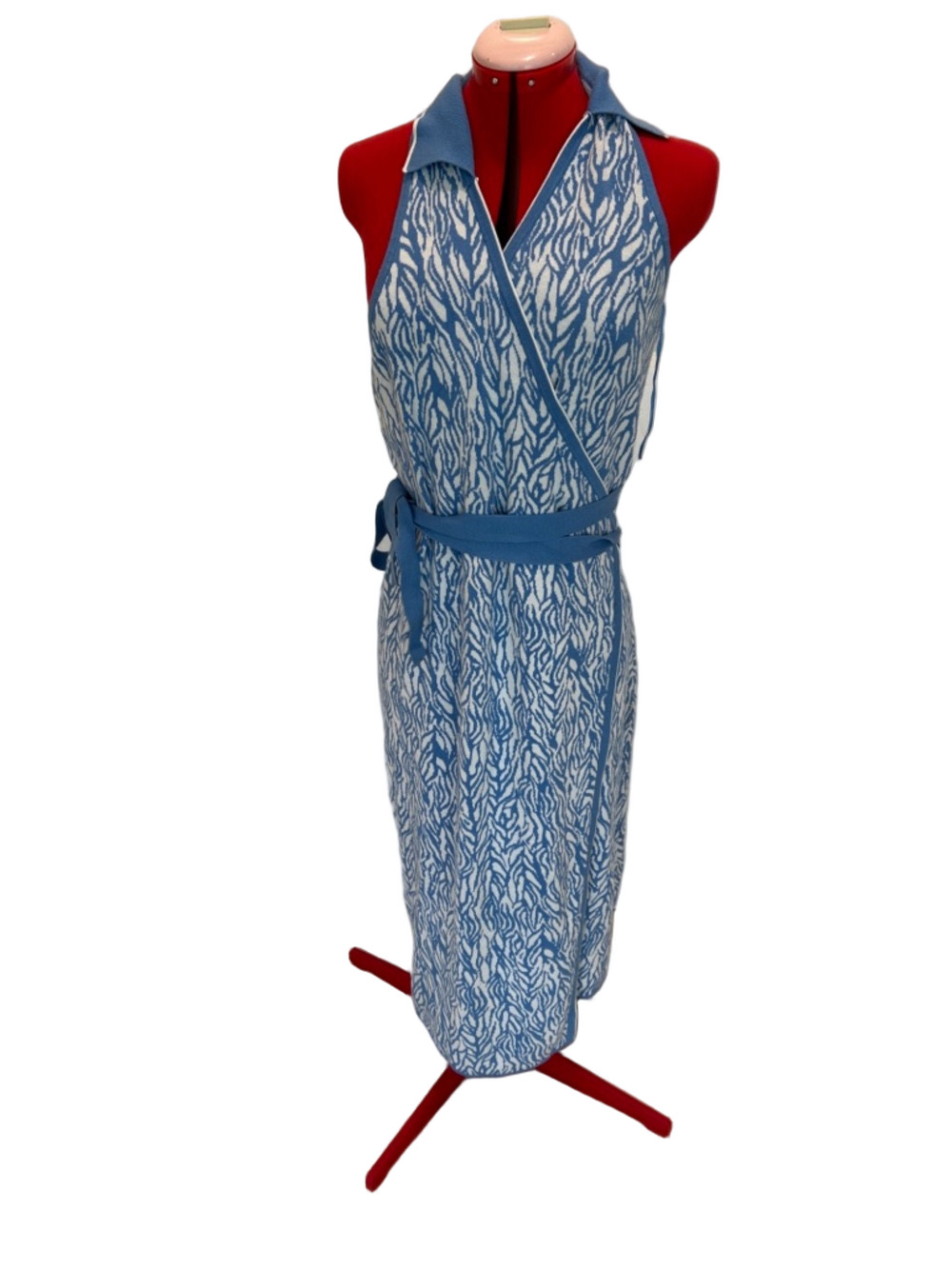 Diane Von Furstenberg Blue and White Wrap Halter Midi Dress